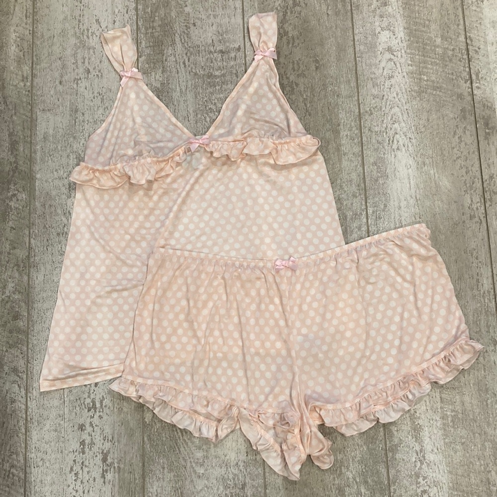 Betsey Johnson 2 Piece Pink White Polka Dot Silky Pajama Set Large - Picture 1 of 7